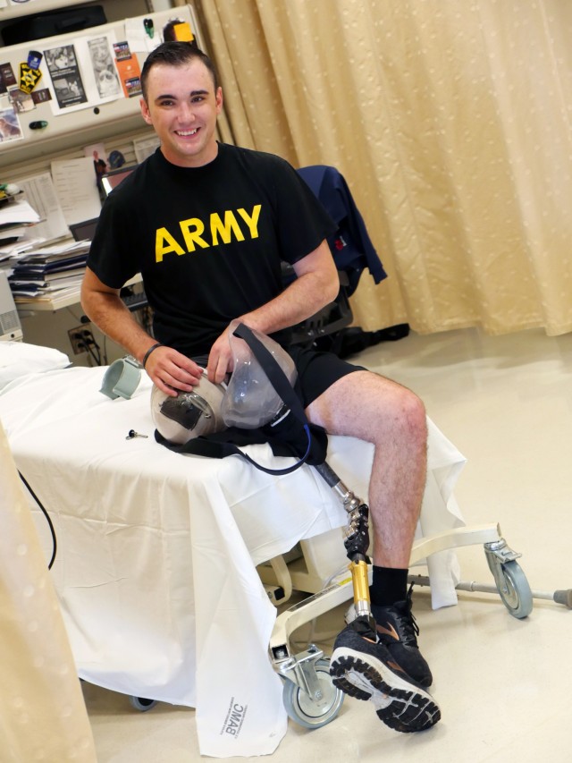 Army Spc. Ezra Maes undergoes physical rehabilitation at the Center for the Intrepid, Brooke Army Medical Center’s rehabilitation center at Joint Base San Antonio-Fort Sam Houston, Texas, Oct. 2, 2019.