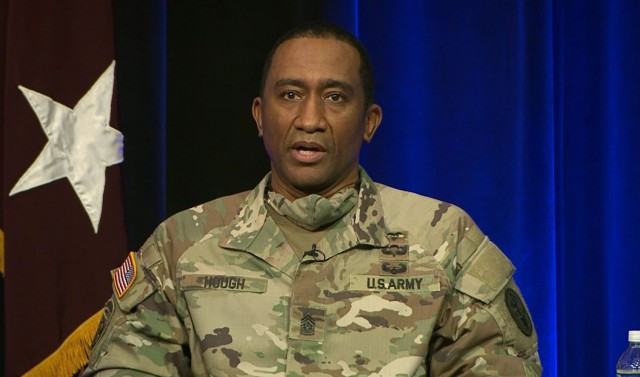 Command Sgt. Maj. Diamond D. Hough, senior enlisted leader of U.S. Army Medical Command, urges Soldiers to take the COVID-19 vaccine during a virtual Army town hall event Feb. 22, 2021. 
