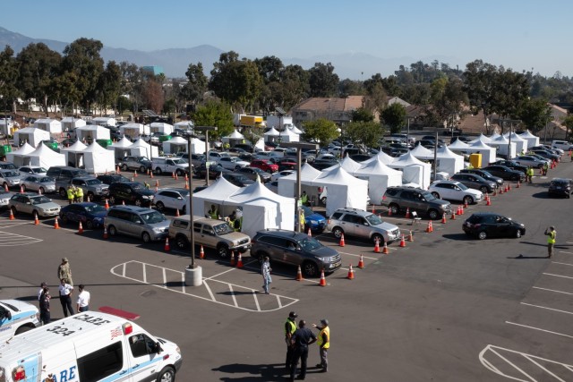 Department of Defense, National Guard, state and federal agency partners facilitate vaccine operations at California State University Los Angeles, Calif., Feb. 17, 2021. U.S. Northern Command, through U.S. Army North, remains committed to...