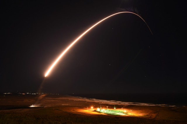 An Air Force Global Strike Command unarmed Minuteman III intercontinental ballistic missile launches during an operation test at 11:49 p.m. PST, Feb. 23, 2021, at Vandenberg Air Force Base, Calif. ICBM test launches demonstrate the U.S. nuclear...