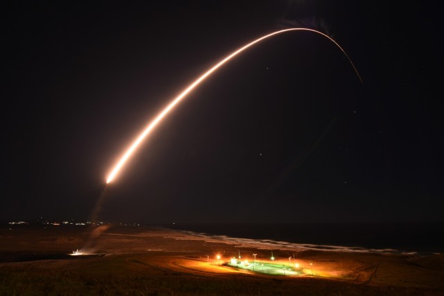 An Air Force Global Strike Command unarmed Minuteman III intercontinental ballistic missile launches during an operation test at 11:49 p.m. PST, Feb. 23, 2021, at Vandenberg Air Force Base, Calif. ICBM test launches demonstrate the U.S. nuclear enterprise is safe, secure, effective and ready to defend the United States and its allies. ICBMs provide the U.S. and its allies the necessary deterrent capability to maintain freedom to operate and navigate globally in accordance with international laws and norms. (U.S. Space Force photo by Brittany E. N. Murphy)