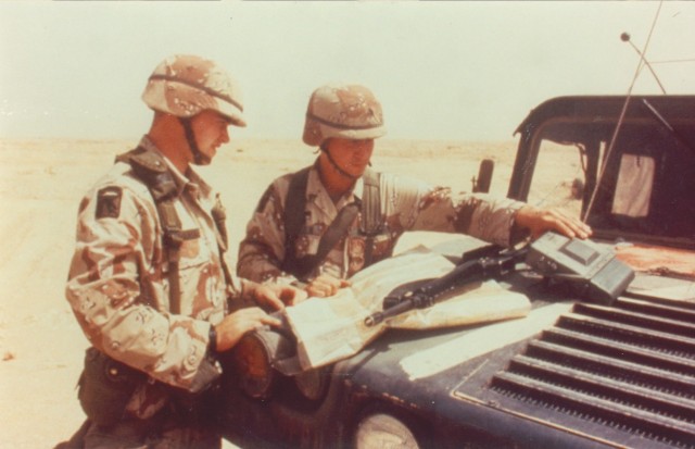 Soldiers operate the small lightweight GPS receivers during Operation Desert Storm in 1991. The receiver, which facilitated GPS navigation in the open desert, along with other space-based capabilities such as missile warning, space-based imagery and satellite communications played a major role in enabling the success of U.S. and coalition forces during 100 hours of sustained combat. (U.S. Army photo)