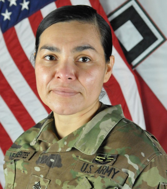 1st Sgt. Clarisa Mejia-Fuentes brings a passion for mentoring to her role as the senior enlisted Soldier for Headquarters and Headquarters Detachment, First Army.