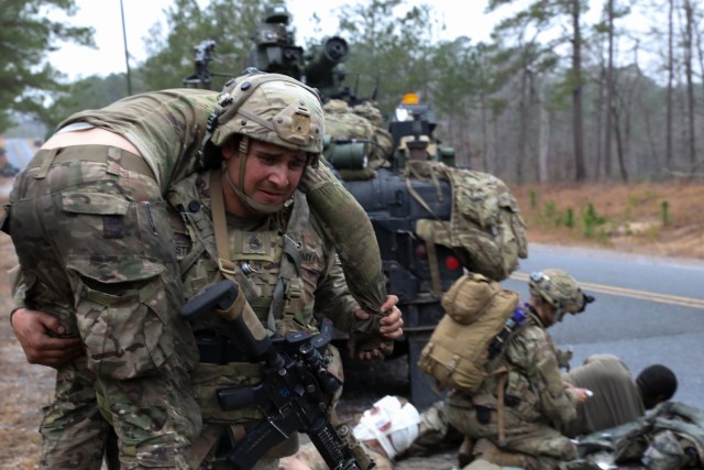 Paratroopers assigned to 5th Squadron, 73rd Cavalry Regiment, 3rd Brigade Combat Team, 82nd Airborne Division react to contact during rotation 21-04 at the Joint Readiness Training Center on Fort Polk La., Feb. 11, 2021. The rotation serves to enhance the brigade and their supporting unit's deployment readiness. (U.S. Army photo by Staff Sgt. Jeremy Bennett)