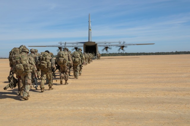 Paratroopers assigned to the 3rd Brigade Combat Team, 82nd Airborne Division prepare to leave the training area at the Joint Readiness Training Center on Fort Polk La., on Feb. 3, 2021. The rotation serves to enhance the brigade and their supporting unit's deployment readiness. (U.S. Army photo by Staff Sgt. Jeremy Bennett)