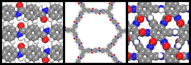 Army researchers conduct a comparison study that examines the thermal stability of Kevlar (left), amide covalent organic framework (center) and graphamid (right).