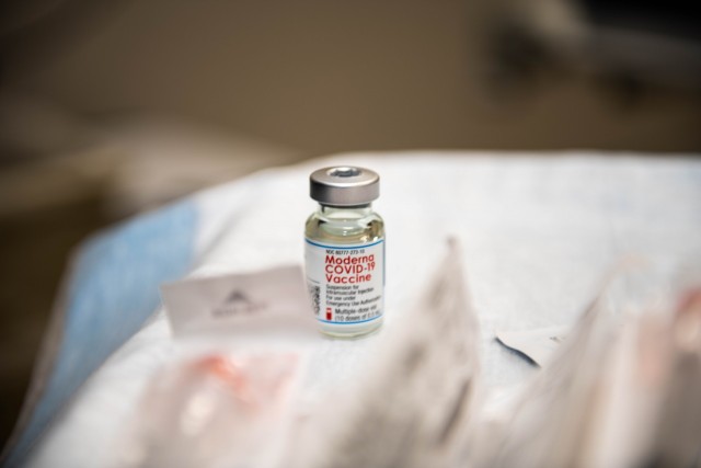 A vial of the Moderna COVID-19 vaccine is seen here. 