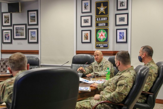 Col. Jeffrey T. Lopez, center, U.S. Army South Security Cooperation Division chief, shares information to members of the 1st Security Force Assistance Brigade about the U.S. Embassy in Honduras during Operation Alamo Shield Mission Prep,...