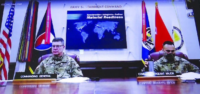 Maj. Gen. Daniel Mitchell, commanding general, U.S. Army Sustainment Command, and Command Sgt. Maj. Marcos Torres, ASC, listen to a question during the command’s virtual town hall via MS Teams Feb. 25 as shown here from an employee laptop....