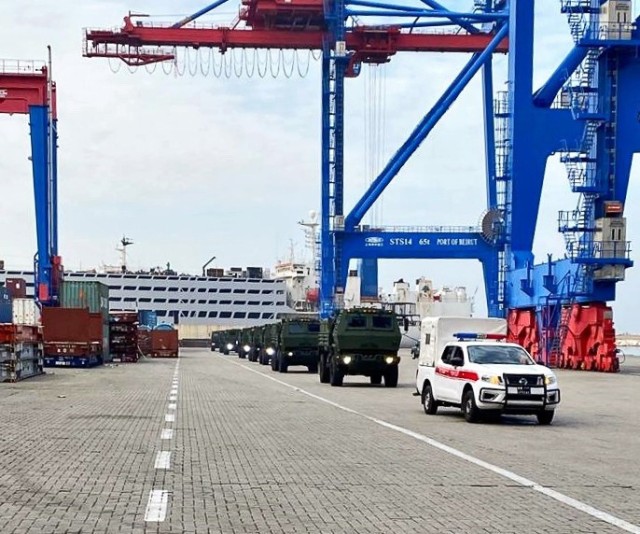 FMTV trucks roll down the pier at the port of Beirut, Lebanon, after the Army Security Assistance Enterprise overcame pandemic restrictions, quality control and logistical challenges, to deliver ahead of schedule, 31 FMTV trucks to Lebanese Armed...