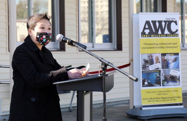 Shannon Vo, director of the Camp Zama Army Wellness Center, speaks at the grand reopening of the Camp Zama AWC in Bldg. 379, Camp Zama, Japan, Feb. 25.