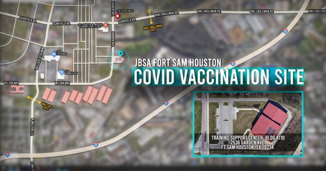 Map showing BAMC's COVID-19 Vaccination Site on Ft. Sam Houston.
The COVID vaccination site is not on the BAMC Campus; it is located on main post Fort Sam Houston in the Training Support Center, Building 4110, 2536 Garden Avenue – up the road from the Jennifer Moreno Clinic. BAMC repurposed this site to offer beneficiaries better vaccine access and safety.