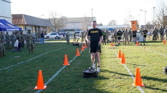 Sgt. David Baker, USAG Ansbach, drags a sled during the Army Combat Fitness Test Feb. 28 at Katterbach Fitness Center as part of the Installation Management Command-Europe Best Warrior Competition running from Feb. 28 to Mar. 3.  The competition enhances expertise, training, and understanding of the skills needed to be a well-rounded Soldier. Winners will go on to compete at the Installation Management Command level in San Antonio, Texas.