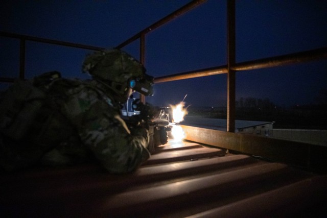 A Soldier from the 2-506, 101st Airborne Division pulls security while using the Enhanced Night Vision Goggle (ENVG-B), Nett Warrior, and Family of Weapons Sight – Individual (FWS-I) during a full mission test event a Soldier Touchpoint at Aberdeen Proving Ground, MD in February 2021.