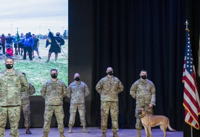 The Fiscal Year 2020 Brig. Gen. David H. Stem Award is presented to the Soldiers, and military working dog Maya, of the 221st Military Police and 3rd Military Working Dog detachments at an award ceremony at Fort Eustis, Virginia, Feb. 25, 2021. 