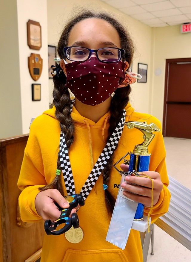 Isabella McCoy from Arrow of Light Den took first place for her Den and Grand Prix. The Fort Hood Pack 221 Pinewood Derby was held on February 27 and aired virtually for scouts and their families to view. (U.S. Army photo by Maj. Marion Jo Nederhoed)