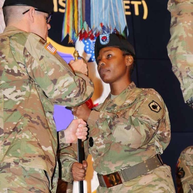 U.S. Army Reserve Sgt. Maj. Lynei Woodard, a Riverdale, Georgia native, participates in a Division Change of Responsibility Ceremony at Fort Benning. Woodard, who joined the service at 17 years old is now the Operations Sergeant Major for the 98th...