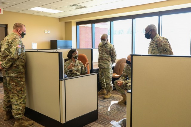 U.S. Army Reserve Sgt. Maj. Lynei Woodard (left), a Riverdale, Georgia native, speaks with the operations staff. Woodard, who joined the service at 17 years old is now the Operations Sergeant Major for the 98th Training Division (Initial Entry...