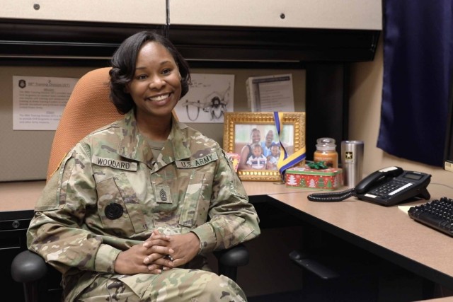U.S. Army Reserve Sgt. Maj. Lynei Woodard, a Riverdale, Georgia native, poses for a photo in her office. Woodard, who joined the service at 17 years old is now the Operations Sergeant Major for the 98th Training Division (Initial Entry Training)...