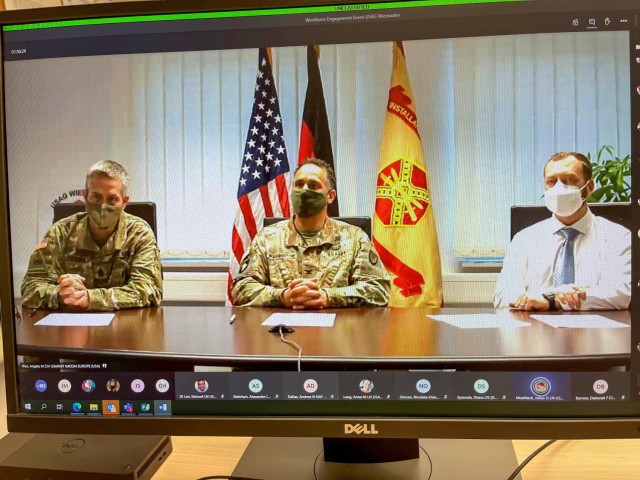 WIESBADEN, Germany -- Command Sgt. Maj. Christopher Truchon, Col. Mario Washington, garrison commander and Scott Mowry, deputy to the garrison commander, address the U.S. Army Garrison Wiesbaden workforce at an online workforce engagement session...