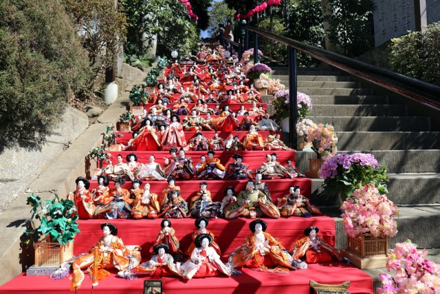 “Hinamatsuri” dolls line the steps to the Zama Shrine during the shrine’s fifth annual Girls’ Day festival, Zama, Japan, March 3.