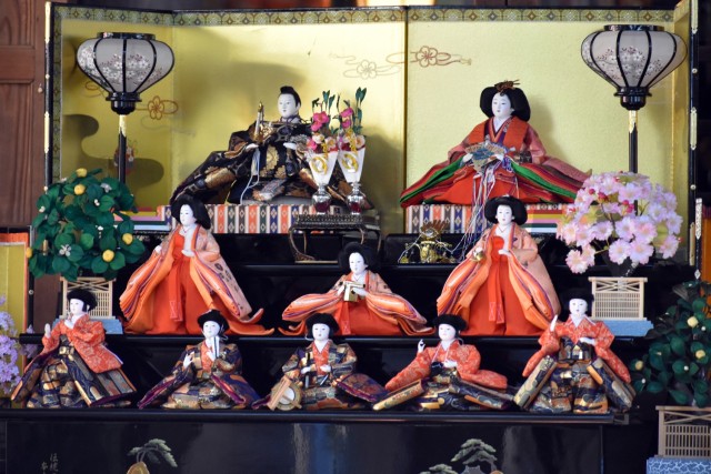 “Hinamatsuri” dolls sit on display next to the Zama Shrine during the shrine’s fifth annual Girls’ Day festival, Zama, Japan, March 3.