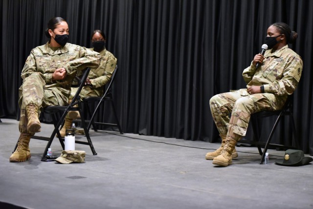 Drill Sgt. Sahara McCrary, far right, shares her experiences with the audience during the MEDCoE Women’s History Month panel discussion while 1st Sgt. Annie Thornton and Command Sgt. Maj. Deanna Carson look on.