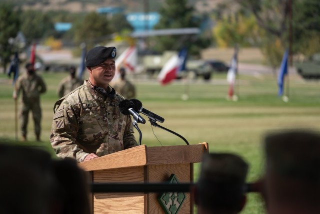 Col. Ike Sallee, commander, 1st Stryker Brigade Combat Team, 4th Infantry Division, gives remarks at the 1st SBCT change of responsibility ceremony at Fort Carson, Colorado, September 23, 2020. Sallee presided over the ceremony. (U.S. Army photo by Capt. Daniel Parker)