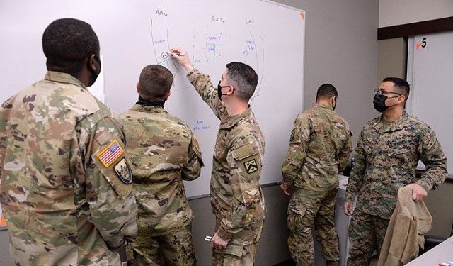 Marine Lt. Col. Tom Chhabra, right, assistant professor in the Department of Joint, Interagency and Multinational Operations, Command and General Staff College, observes Command and General Staff Officer Course students Majors Jonathan Harvey, Bob...