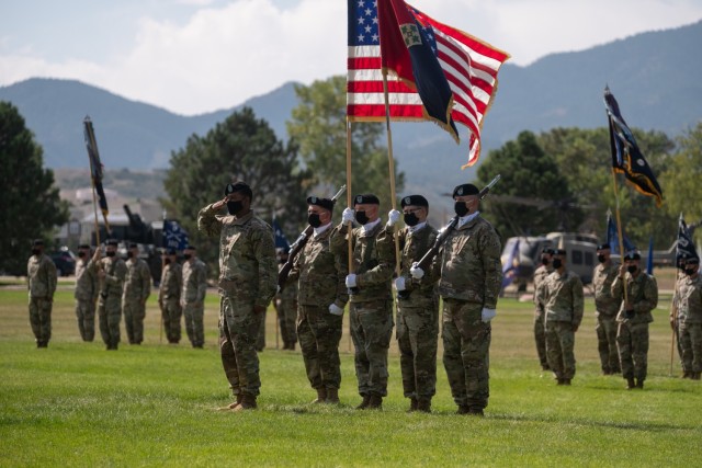 Sgt. Maj. Willie Woods, the commander of troops for the 1st Stryker Brigade Combat Team, 4th Infantry Division change of responsibility ceremony salutes the brigade commander at the start of the ceremony at Fort Carson, Colorado, September 23, 2020. (U.S. Army photo by Capt. Daniel Parker)