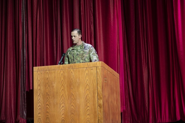 Col. Donald K. Brooks, Commander, 1st Space Brigade, address the crowd during an assumption of command ceremony held at Fort Carson, CO March 5th, 2021.