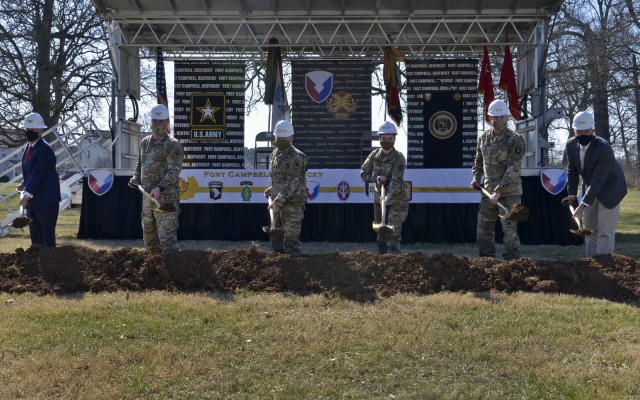 Phillip Carpenter (left to right), chief operating officer for Lendlease Communities; Col. Jeremy D. Bell, Fort Campbell garrison commander; Lt. Gen. Douglas Gabram, commanding general of U.S. Army Installation Management Command; Sgt. Christina...