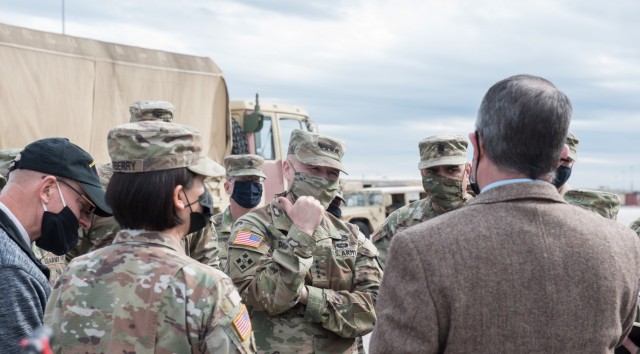 Gen. Ed Daly, Commanding General, Army Materiel Command, and AMC’s Command Sgt. Maj. Alberto Delgado speak with Ft. Hood sustainers at the new Modernization Displacement and Repair Site Nov. 2. Future Army operations will depend on modernized...