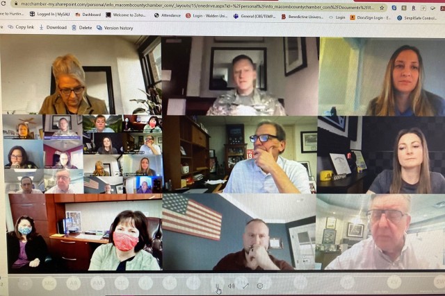 Maj. Gen. Darren Warner (top center) meets virtually with members of the Macomb County, Mich. Chamber of Commerce Mar. 3.  Also attending the meeting are Carrie Mead, Detroit Arsenal Garrison Manager, and Cherie Westphal, Detroit Arsenal Deputy Garrison Manager (lower left).