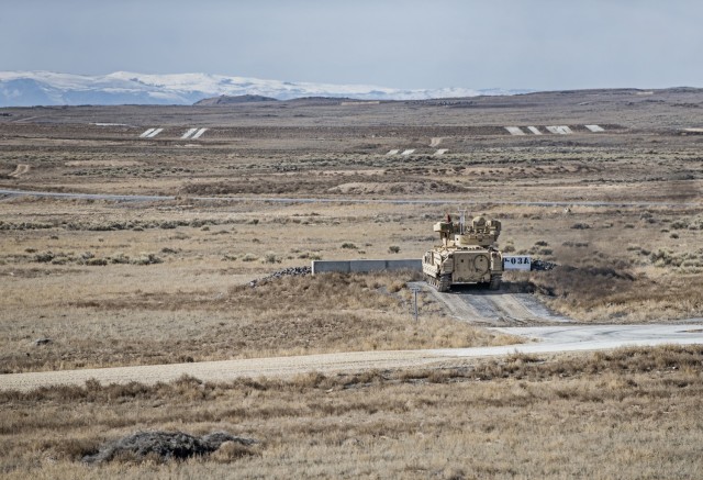 The Idaho National Guard opened the new Digital Air Ground Integrated Range at the Orchard Combat Training Center, March 4, 2020. The range is the first DAGIR located on a National Guard training site and is just the second across the U.S. Army. The range allows air and ground units to train together while receiving accurate and real-time feedback on their performance. Manned and unmanned aviation crews and armor, Stryker and infantry crews, sections and platoons can conduct combined arms life-fire exercises together on the range using 200 targets that provide more than 400 possible training scenarios. (U.S. National Guard photo by Master Sgt. Becky Vanshur)