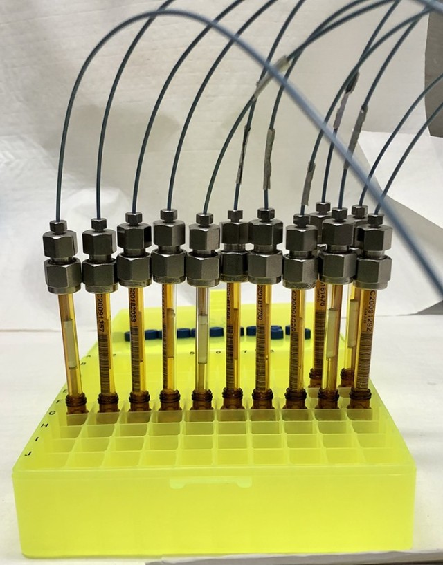 The solid sorbent tubes are placed into a vial at one end and a pump system at the other end. The solvent from up to 12 tubes can be extracted at one time. For the study, the agent was extracted at a rate of 0.25mL/minute for four minutes.