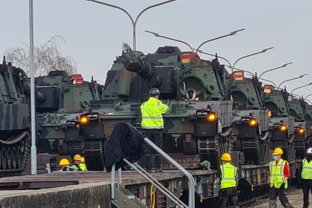 Unloading the three dozen next-generation M109A7 Paladin Artillery Systems and M992A3 Field Artillery Ammunition Support Vehicles from the trains and moving them to the Army Prepositioned Stock-2 Coleman worksite was a joint effort between multiple teams, led by the 405th Army Field Support Brigade's Army Field Support Battalion-Mannheim.