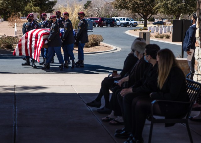 Paratroopers assigned to D Company, 2nd Battalion, 325th Airborne Infantry Regiment, 2nd Brigade Combat Team, 82nd Airborne Division, carry the casket of Pfc. Harvey Brown, a World War II veteran formerly assigned to 2nd Battalion, 505th Parachute...