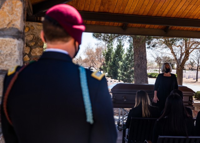 Marlene Pitts, the daughter of recently deceased World War II veteran Pfc. Harvey Brown, speaks during a funeral service at Fort Bliss National Cemetery on Fort Bliss, Texas, March 5, 2021. Pfc. Brown served in World War II with 2nd Battalion,...
