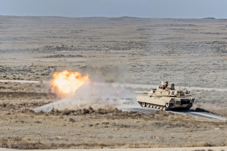 The Idaho National Guard opened the new Digital Air Ground Integrated Range at the Orchard Combat Training Center, March 4, 2020. The range is the first DAGIR located on a National Guard training site and is just the second across the U.S. Army. The range allows air and ground units to train together while receiving accurate and real-time feedback on their performance. Manned and unmanned aviation crews and armor, Stryker and infantry crews, sections and platoons can conduct combined arms life-fire exercises together on the range using 200 targets that provide more than 400 possible training scenarios. (U.S. National Guard photo by Master Sgt. Becky Vanshur)