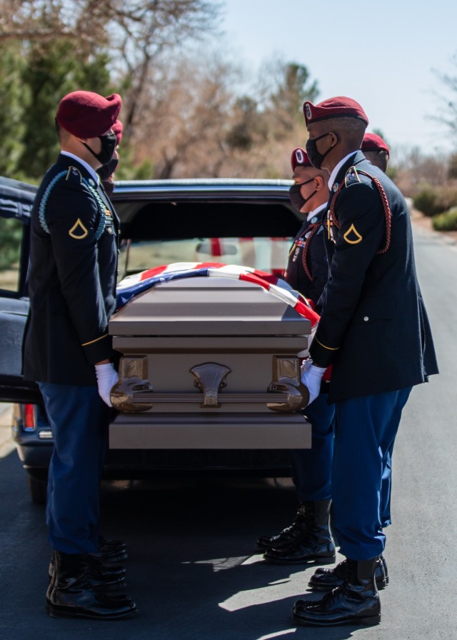 Paratroopers assigned to D Company, 2nd Battalion, 325th Airborne Infantry Regiment, 2nd Brigade Combat Team, 82nd Airborne Division, carry the casket of Pfc. Harvey Brown, a World War II veteran formerly assigned to 2nd Battalion, 505th Parachute...