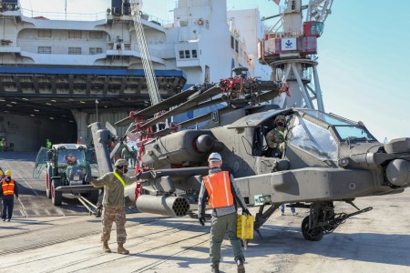 The ARC Endurance, carrying 1st Combat Aviation Brigade, 1st Infantry Division equipment, helicopters, and vehicles, arrives at the Port of Dunkirk in on March 06, 2021 in support of Atlantic Resolve and Operation Mousquetaire in Dunkirk, France.
This is the seventh Atlantic Resolve aviation rotation and the second rotation for 1 ID CAB. The unit is bringing approximately 1,800 personnel, 50 UH-60 and HH-60 Black Hawks, 10 CH-47 Chinkooks, 20 AH-64 Apaches and 1,800 wheeled vehicles and pieces of equipment.
This Atlantic Resolve rotation in conjunction with Operation Mousquetaire at the port of Dunkirk and the Calais Airport offers a unique opportunity for the US military and French allies. An operation of this scale is a truly historic event and offers the ability to demonstrate a shared bi-lateral ability to work side-by-side to receive U.S. Army equipment, stage it, and move it efficiently and safely.
(U.S. Army photo by Staff Sgt. Benjamin Northcutt, 21st Theater Sustainment Command)