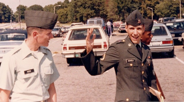 Walking along with battle buddies, Pfc. Stephen Iacovelli is all smiles following his advanced individual training graduation at Fort Lee in 1985. Iacovelli trained as a 76C equipment records and parts specialist (now a 92A automated logistics...