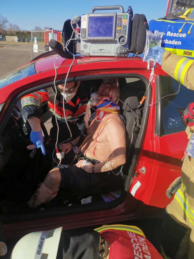WIESBADEN, Germany – USAG Wiesbaden Firefighter Philipp Strobel and two colleagues practice a medical emergency. (PHOTO Credit: USAG Wiesbaden Fire Department)