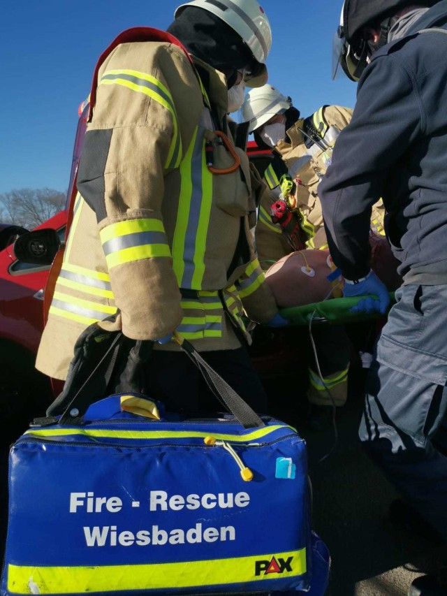 WIESBADEN, Germany – USAG Wiesbaden Firefighter Philipp Strobel and two colleagues practice a medical emergency. (PHOTO Credit: USAG Wiesbaden Fire Department)