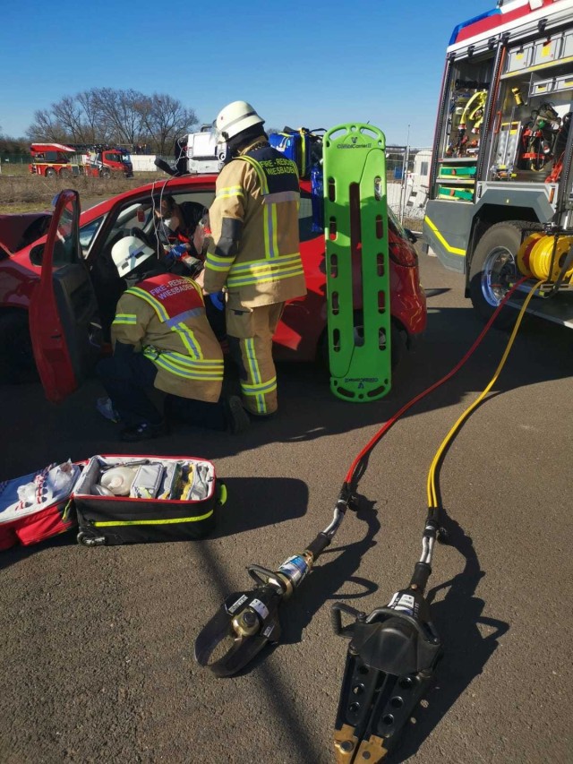 WIESBADEN, Germany – USAG Wiesbaden Firefighter Philipp Strobel and two colleagues practice a medical emergency. (PHOTO Credit: USAG Wiesbaden Fire Department)
