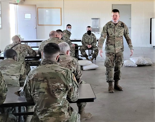 1st Lt. Jonathan Fife, Ohio Army Reserve 961st Engineer Company, instructs Soldiers on Emergent Threat, Training and Readiness Capability in preperation for Joint Readiness Training Center Rotation 21-06.