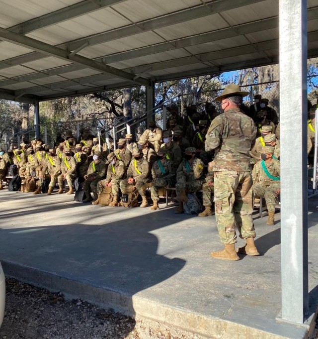Advanced Individual Training (AIT) Soldiers assigned to the MEDCoE during Transition Training (SiTT) receive instruction from Staff Sgt. Suarezcolon, SiTT noncommissioned officer in charge (NCOIC) February 26, 2021 at Joint Base San Antonio-Fort Sam Houston, Texas.
