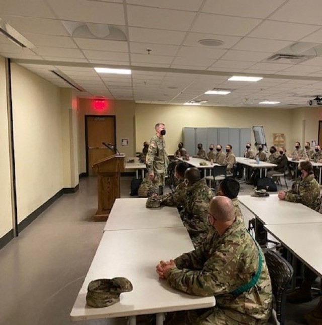 Command Sgt. Maj. Clark Charpentier, U.S. Army Medical Center of Excellence (MEDCoE) Command Sergeant Major discusses the Army Profession with Advanced Individual Training (AIT) Soldiers assigned to the MEDCoE during Transition Training (SiTT) February 2021 at Joint Base San Antonio-Fort Sam Houston, Texas.