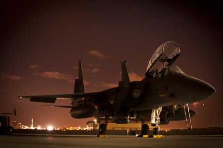 An F-15E Strike Eagle from the 391st Fighter Sqaudron, Mountain Home Air Force Base, Idaho., rests on the flightline before a night training mission during Red Flag 14-1 at Nellis Air Force Base, Nev., Jan. 30, 2014. The exercise is conducted on the 15,000-square-mile Nevada Test and Training Range, north of Las Vegas. (U.S. Air Force photo by Airman 1st Class Joshua Kleinholz)

